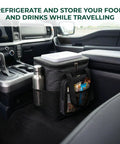 Plug In Electric Portable Cooler And 12V Car Fridge 14 Quart Capacity Soft Sided Travel Bag For Camping And Road Trips Keeps Your Grub And Drinks Ice Cold Zero Hassle Required Extra Pockets Plus Folds Flat in car with drinks.