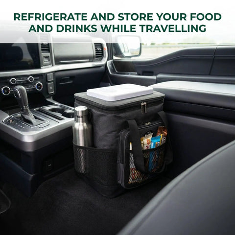Plug In Electric Portable Cooler And 12V Car Fridge 14 Quart Capacity Soft Sided Travel Bag For Camping And Road Trips Keeps Your Grub And Drinks Ice Cold Zero Hassle Required Extra Pockets Plus Folds Flat in car with drinks.