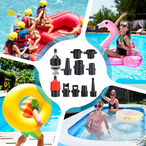 Inflatable Paddle Board Pump Adapter Kit With Boat Standard Valve Converters And Nozzle Set, shown with kids on inflatables