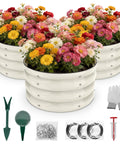 Galvanized Raised Garden Bed Kit With Three 2x2x1ft Round Planter Beds All In One Mini Seed Spreader And Disk Seeder Two Seeding Transplanters Protective Gloves And Handy Tool Kit For Flowers Fruits Vegetables Herbs displayed with colorful flowers