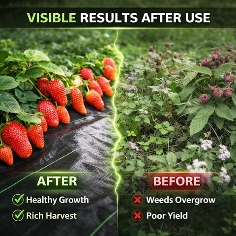 Strawberry plants on Heavy Duty Weed Barrier Landscape Fabric With Woven Geotextile Ground Cover, before and after comparison.