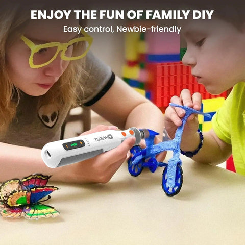 Child using Badass 8V Cordless Rotary Tool Kit With 28000 RPM Motor for crafting a bike model and a butterfly.