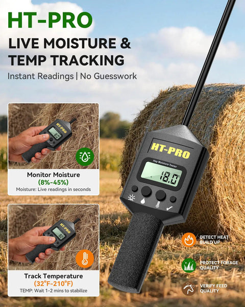 Hardcore Hay Moisture Meter With 20 Inch Reinforced Probe, Digital Temperature Readout For Alfalfa And Bales, Pro Grade Carry Bag Included, Works On Square And Round Hay Bales, Keeps Your Harvest Fresh And Storage Safe. Hay meter on bale
