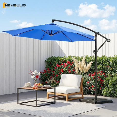 10 Foot Offset Cantilever Patio Umbrella With Base Included No Fuss Setup UV Protection Fade Resistant Fabric Easy Tilt Adjustment Wind Resistant Canopy For Pool Deck Garden Backyard Blue