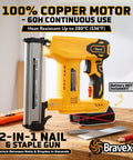 Badass Cordless Nail Gun And Narrow Crown Stapler With All Copper Motor That Stays Cool For Hours Uses Standard 20 Volt Batteries For Tough Drywall And Framing Work, shown on wooden surface.