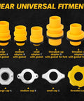 Shop Grade No Drip Coolant Funnel Kit With 19 Universal Radiator Burping And Bleeder Tools showing yellow adapters and caps with gaskets.