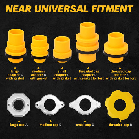 Shop Grade No Drip Coolant Funnel Kit With 19 Universal Radiator Burping And Bleeder Tools showing yellow adapters and caps with gaskets.