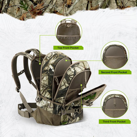 Camo G2 25L Hunting Backpack With Waterproof Rain Cover showing multiple compartments for organized outdoor adventure gear storage.