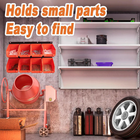 Wall Mounted Garage Storage Rack With Eight Bins And Two Rails Hardware Organizer For Tools Screws And Small Parts In Blue