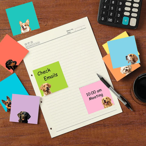 9 Pads Totally Cute Sticky Notes Set 3x3 Inch Dog Self Stick Notepads for Dog Lovers on office desk with planner and pen
