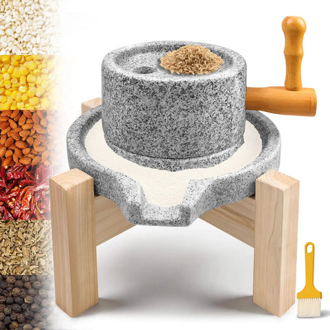 Manual Granite Stone Grain Mill With Wooden Base And Heavy Duty Handle For Flour Grain And Spice Grinding In Home Kitchen