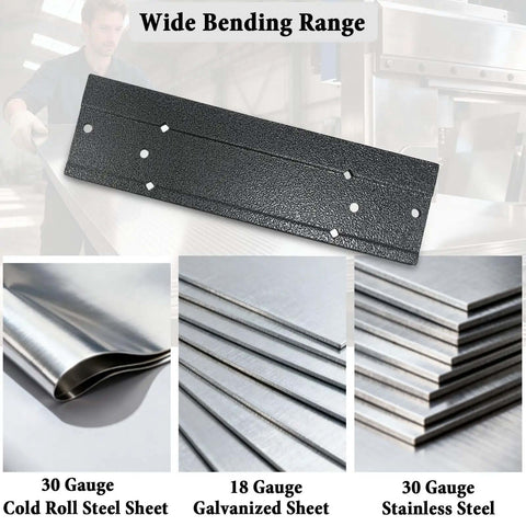 12 Inch Folding Sheet Metal Bending Tool For HVAC Pros With Three Eighths Inch And One Inch Fold Depth Duct Bender Hand Tool showcasing bending range on various steel sheets.