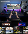Flysky ProArt PA01 Radio Transmitter 2.4GHz setup with simulator connection and dual monitors in gaming desk setup