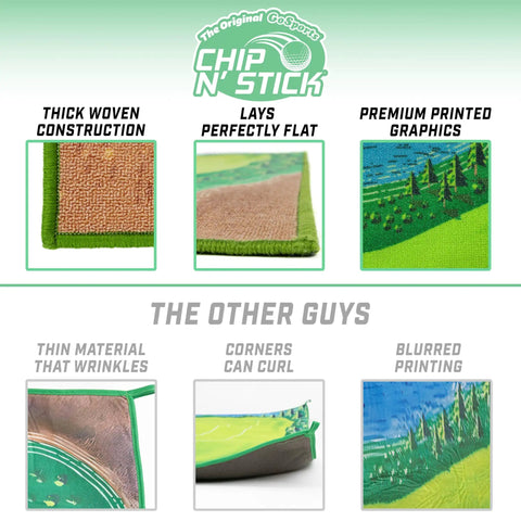 Chip N Stick Golf Game Kit mat comparison showing thick woven construction, flat lay, premium graphics versus competitor's issues.