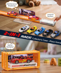 Child launching one of the Six Pack Pull Back Race Cars Set on its Portable Transforming Track with a carry case in background.