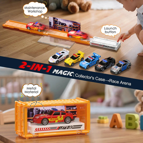 Child launching one of the Six Pack Pull Back Race Cars Set on its Portable Transforming Track with a carry case in background.