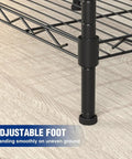 Adjustable foot detail of 5 Tier Heavy Duty Wire Shelving Rack With Raised Edges And Oil Resistant Baked Finish Fully Adjustable Pantry Storage Organizer.