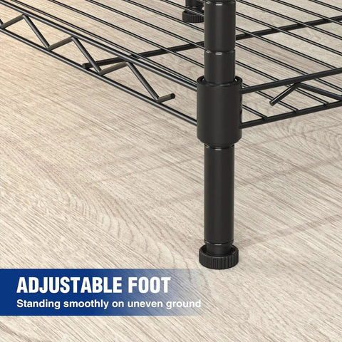 Adjustable foot detail of 5 Tier Heavy Duty Wire Shelving Rack With Raised Edges And Oil Resistant Baked Finish Fully Adjustable Pantry Storage Organizer.