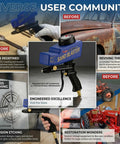 Portable Sand Blaster Gun Pro Kit for auto, patio, and furniture restoration; image shows tool and various uses including rust removal.