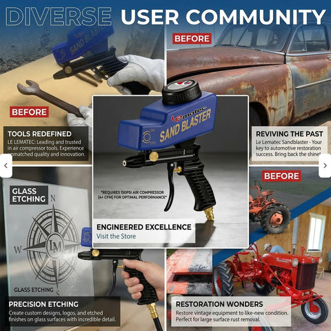 Portable Sand Blaster Gun Pro Kit for auto, patio, and furniture restoration; image shows tool and various uses including rust removal.