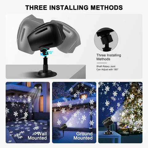 Outdoor Dope Christmas Projector Lights Dual Head Snowflake Projector With RF Remote showing three installation methods