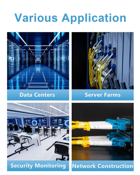 Image showing various applications of Easy Plug And Play OS2 LC To LC Single Mode Fiber Patch Cable 0.5 Meter duplex cables.