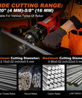 1100 Watt Cordless Rebar Cutter For 5/8 Inch Steel Bars Fast Hydraulic Cutting Up To 16Mm with minimum and maximum cutting diameters shown.