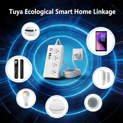 Ditch The Clutter With This Slick Smart Zigbee Power Strip Surge Protector Extension Cord connected to a wall socket, showing 4 AC outlets and USB ports.