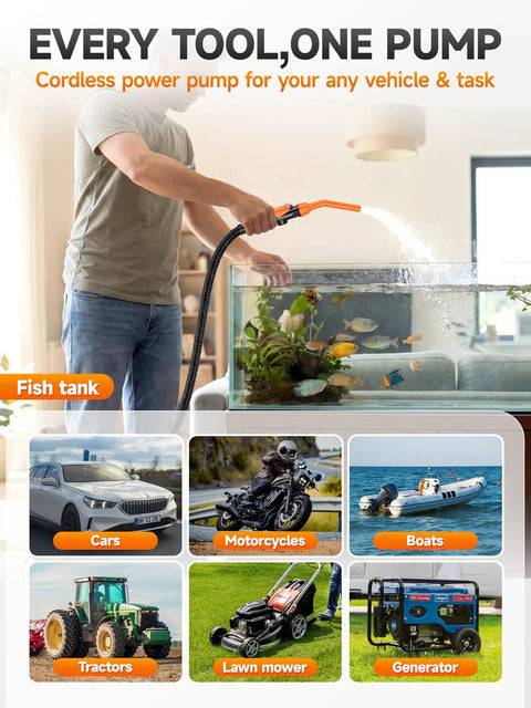 Man using Grab And Go Portable Electric Fuel Transfer Pump Cordless Gas Siphon Battery Operated Fuel Dispenser near a fish tank.