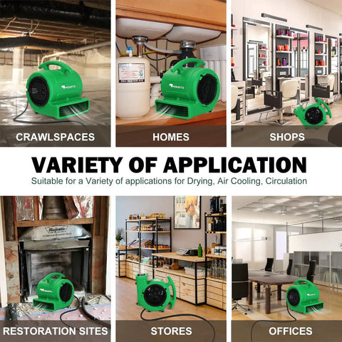One Quarter HP Air Mover With 1000 CFM Two Speeds Drying And Cooling Fan In Various Locations, Copper Motor Roto Mold Housing Durable Green Unit