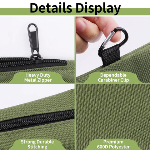 Close-up of 3 Pack Heavy Duty Tool Pouch Set With Zipper Carabiner Clips showing waterproof 600D polyester and metal zipper.