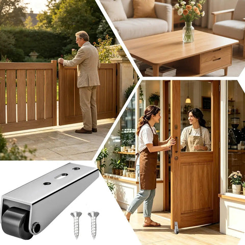 Heavy Duty Sliding Gate Rollers With Vertical Track Anti Sag Support Caster For Driveway And Patio Gates in use with door.