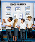 Children presenting Science Fair Display Kit With 92 Pieces Including 60 Scalloped Border Trims 18 Presentation Subtitles in blue theme