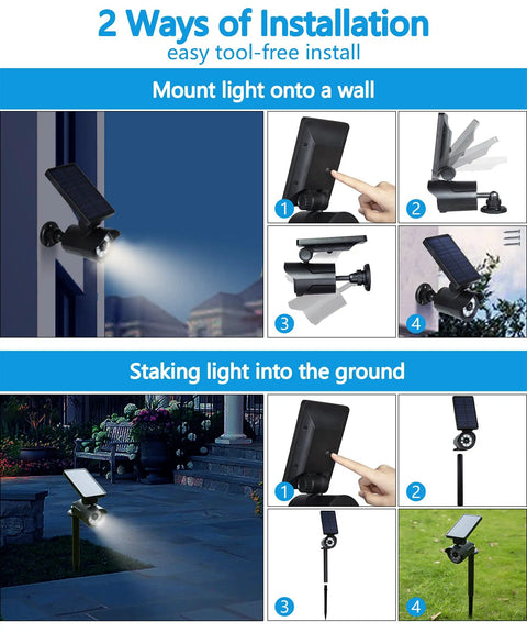 Installation of Solar Motion Sensor Security Light With Fake Red Camera Indicator Thieves Beware IP66 Waterproof Outdoor Lamp Metal Finish Wall Mount Or Yard Stake Ultra Bright 2400mAh Battery 2 Pack For Garden And Patio