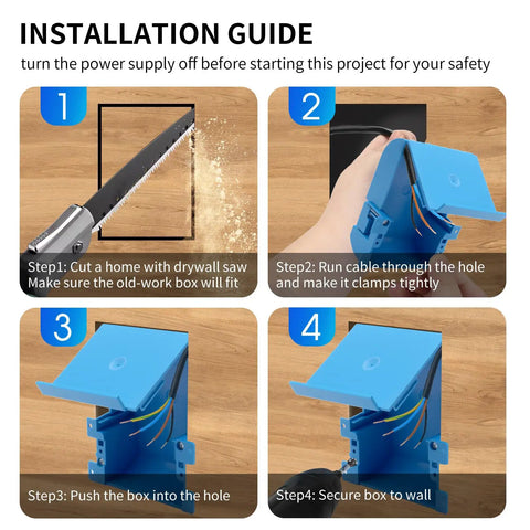 Installation guide for Hassle Free Blue Single Gang Old Work Electrical Outlet Box With Adjustable Flange Rock Solid Pvc Junction Housing For Existing Walls Smooth Sail Go To Kit Pack Of Six showing step-by-step process.