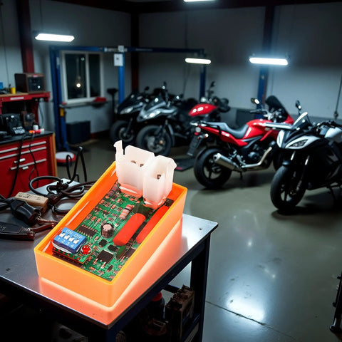 Universal 5 Pin AC CDI Ignition Box With Dual Plug All In One Adjustable CDI Module for go-karts and dirt bikes on a workshop table.