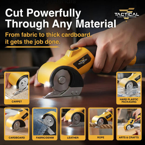 Beast Cordless Scissors For Cardboard And Box Cutting Power Cutter with LED showing various materials like carpet and cardboard