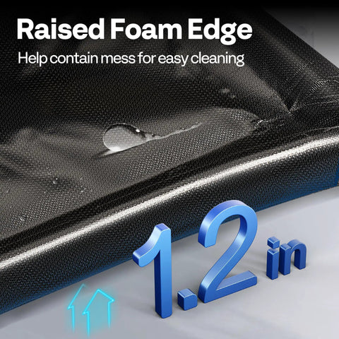 Close-up of raised foam edge on Heavy Duty Garage Containment Mat With Stay Put Corner And Squeegee For Mud Water Snow And Ice Protection PVC Floor Covering Measuring Seven Foot Nine Inch By Eighteen Foot To Keep Your Garage Dry And Clean While Parking.