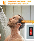 RV Electric Water Heater Hybrid Kit Converts Propane To 120V Power 6 Gallon Capacity Compatible With Suburban And Atwood Heaters, shower scene with switch inset.