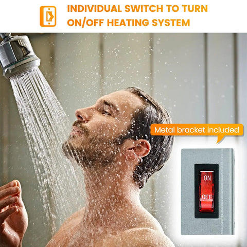 RV Electric Water Heater Hybrid Kit Converts Propane To 120V Power 6 Gallon Capacity Compatible With Suburban And Atwood Heaters, shower scene with switch inset.
