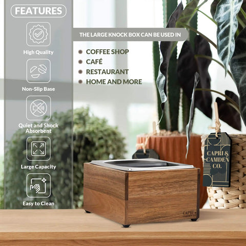 Pro Grade Espresso Knock Box With Large Capacity Non Slip Base Tamp Station And Shock Absorbent Design on countertop