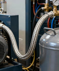 Heavy Duty Stainless Steel Air Compressor Jumper Hose 1/4 X 40 Inches With Swivel BSPP Fittings connected to compressor and tank.