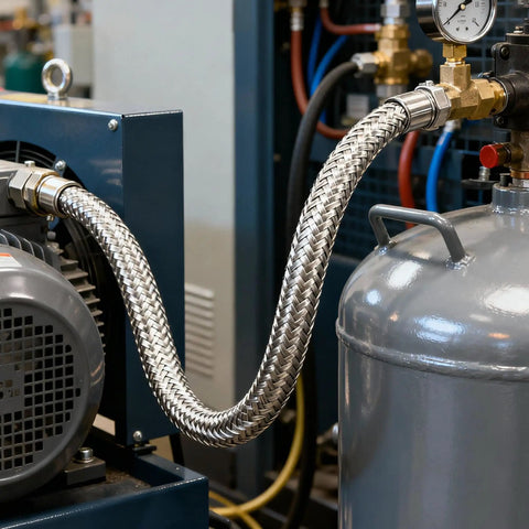 Heavy Duty Stainless Steel Air Compressor Jumper Hose 1/4 X 40 Inches With Swivel BSPP Fittings connected to compressor and tank.