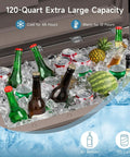 120-Quart Patio Cooler With Wheels, Rollable Outdoor Ice Chest With Bottles and Fruits Inside, Stainless Steel Lid, Brown
