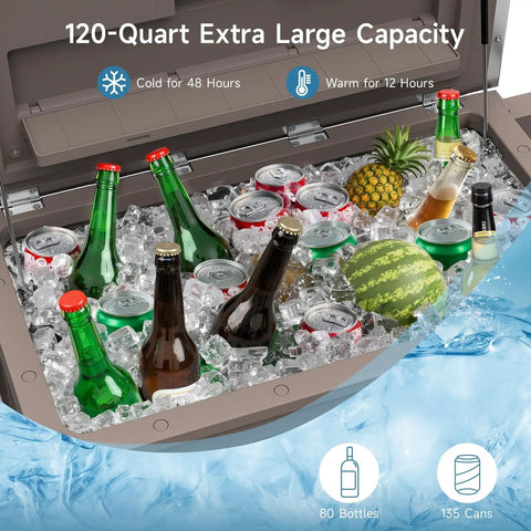 120-Quart Patio Cooler With Wheels, Rollable Outdoor Ice Chest With Bottles and Fruits Inside, Stainless Steel Lid, Brown