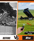 Comparison of dump trailers showing limited range vs. 100 ft range with Dump Trailer Wireless Remote Controller For 3 Wire And 4 Wire 12V Hydraulic Dump Trailer With 100 Ft Signal Distance Safe And Efficient Easy Installation Includes Two Wireless Remotes.