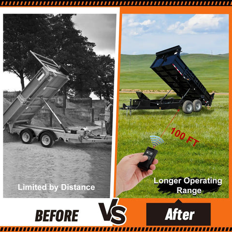 Comparison of dump trailers showing limited range vs. 100 ft range with Dump Trailer Wireless Remote Controller For 3 Wire And 4 Wire 12V Hydraulic Dump Trailer With 100 Ft Signal Distance Safe And Efficient Easy Installation Includes Two Wireless Remotes.