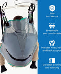 Heavy Duty Full Body Mesh Divided Leg Sling For Hoyer Lifts, Patient Transfer Aid with reinforced straps, shown with user.