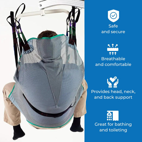 Heavy Duty Full Body Mesh Divided Leg Sling For Hoyer Lifts, Patient Transfer Aid with reinforced straps, shown with user.