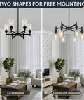 Black Farmhouse Chandelier With Six Clear Glass Shades Hanging Over Dining Table Featuring Sturdy Metal Frame And Sleek Modern Design That Hits Different, showing upward and downward mounting options.